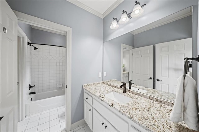 7025 Kettering Ln, Suwanee, GA 30024 - bathroom with crown molding, tile patterned floors, vanity,  shower combination, and baseboards