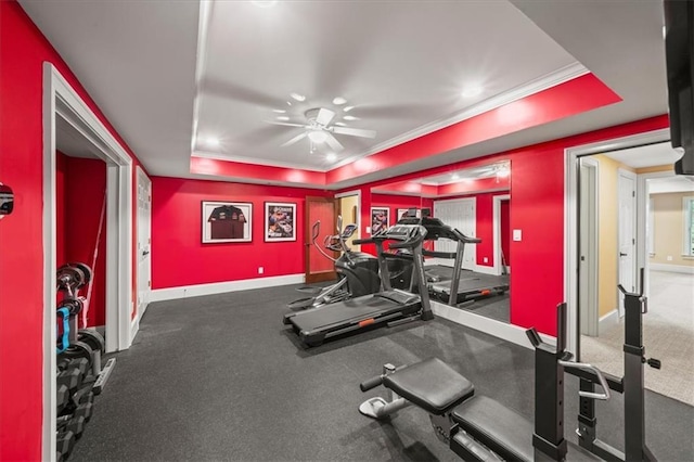 7025 Kettering Ln, Suwanee, GA 30024 - workout room with a tray ceiling, ornamental molding, a ceiling fan, baseboards, and recessed lighting