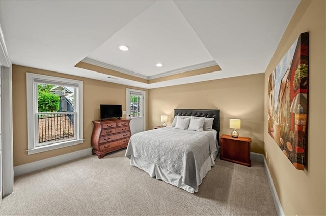 7025 Kettering Ln, Suwanee, GA 30024 - bedroom with carpet flooring, baseboards, a tray ceiling, and recessed lighting