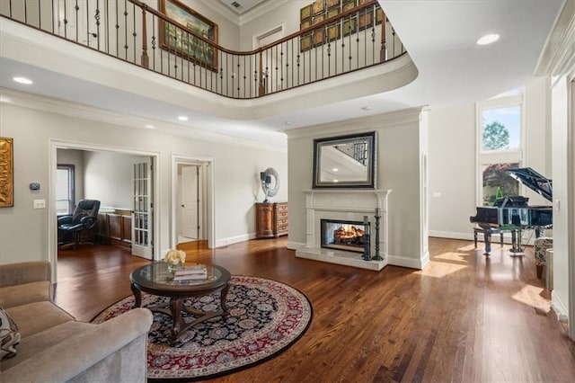 7025 Kettering Ln, Suwanee, GA 30024 - living area with wood finished floors, crown molding, a multi sided fireplace, recessed lighting, and baseboards