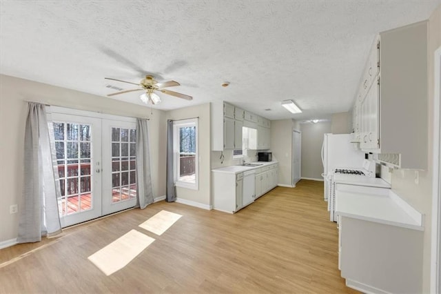 kitchen with light wood-style flooring, white dishwasher, light countertops, french doors, and a sink