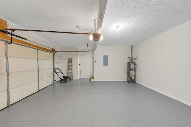 garage with gas water heater, electric panel, and baseboards