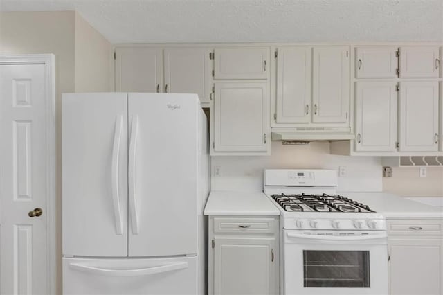 kitchen with light countertops, white cabinets, a textured ceiling, white appliances, and under cabinet range hood