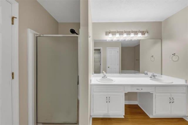 bathroom featuring double vanity, wood finished floors, a sink, and a shower stall