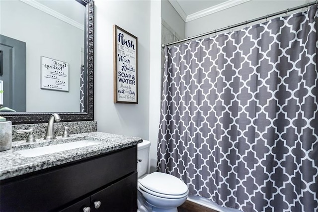 bathroom with crown molding, vanity, and toilet