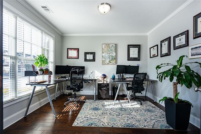 office area featuring crown molding, plenty of natural light, and dark hardwood / wood-style floors