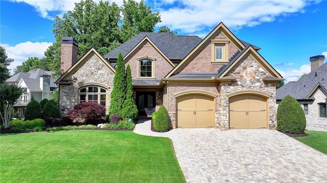 8340 Royal Melbourne Way, Duluth, GA 30097 - view of front of property with driveway, stone siding, a front yard, a garage, and a chimney