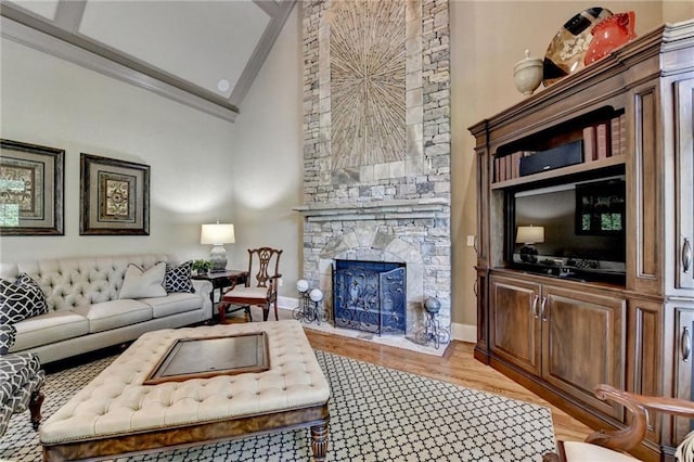 8340 Royal Melbourne Way, Duluth, GA 30097 - living room with a fireplace, high vaulted ceiling, and wood finished floors