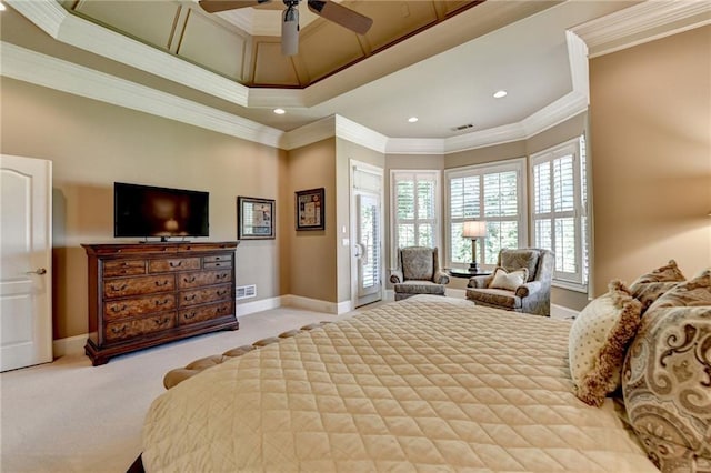 8340 Royal Melbourne Way, Duluth, GA 30097 - carpeted bedroom with baseboards, ornamental molding, recessed lighting, access to outside, and ceiling fan