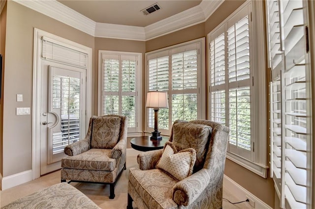 8340 Royal Melbourne Way, Duluth, GA 30097 - living area with healthy amount of natural light, crown molding, baseboards, and light colored carpet