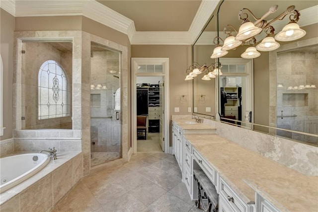 8340 Royal Melbourne Way, Duluth, GA 30097 - bathroom featuring a shower stall, a walk in closet, crown molding, a bath, and vanity