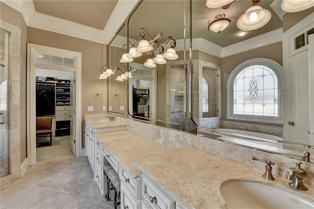 8340 Royal Melbourne Way, Duluth, GA 30097 - bathroom with crown molding, a stall shower, double vanity, and a spacious closet