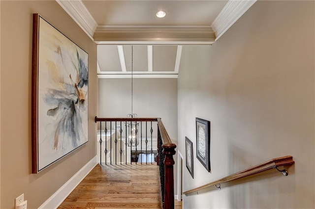 8340 Royal Melbourne Way, Duluth, GA 30097 - stairs featuring crown molding, wood finished floors, baseboards, a chandelier, and recessed lighting