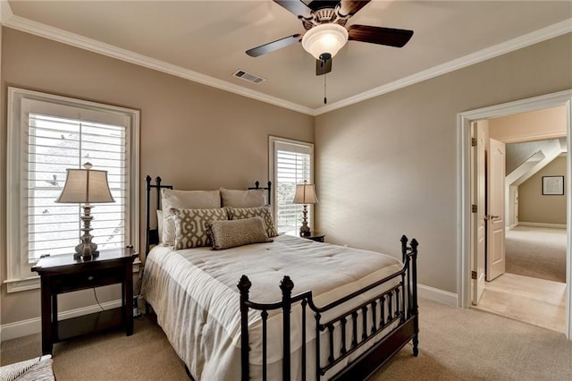 8340 Royal Melbourne Way, Duluth, GA 30097 - bedroom with light colored carpet, crown molding, baseboards, and ceiling fan