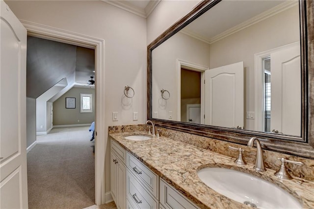 8340 Royal Melbourne Way, Duluth, GA 30097 - full bathroom featuring ornamental molding, double vanity, a ceiling fan, and baseboards