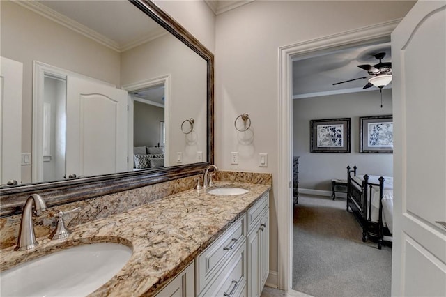 8340 Royal Melbourne Way, Duluth, GA 30097 - full bathroom featuring ensuite bathroom, a ceiling fan, ornamental molding, double vanity, and baseboards
