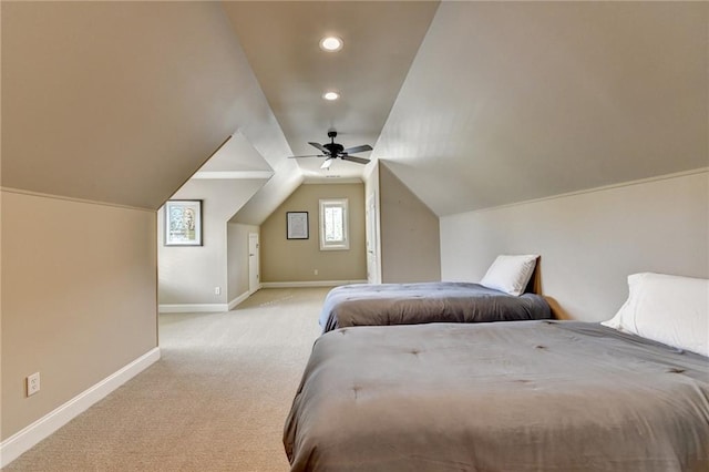 8340 Royal Melbourne Way, Duluth, GA 30097 - bedroom featuring baseboards, carpet floors, vaulted ceiling, ceiling fan, and recessed lighting