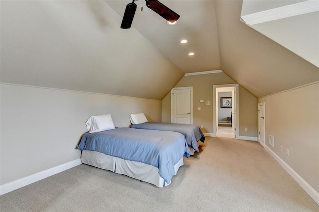 8340 Royal Melbourne Way, Duluth, GA 30097 - bedroom featuring light colored carpet, lofted ceiling, baseboards, a ceiling fan, and recessed lighting