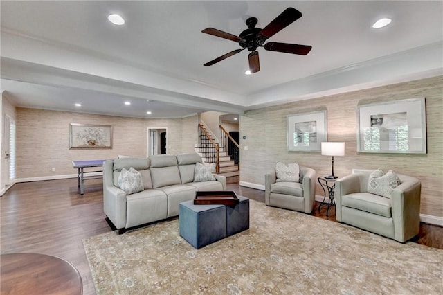 8340 Royal Melbourne Way, Duluth, GA 30097 - living area with stairway, baseboards, wood finished floors, recessed lighting, and wallpapered walls