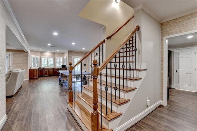 8340 Royal Melbourne Way, Duluth, GA 30097 - staircase featuring crown molding, baseboards, wood finished floors, and recessed lighting