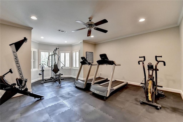 8340 Royal Melbourne Way, Duluth, GA 30097 - exercise area with baseboards, recessed lighting, ornamental molding, and ceiling fan