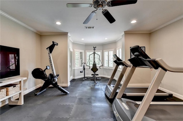 8340 Royal Melbourne Way, Duluth, GA 30097 - exercise room featuring baseboards, recessed lighting, a ceiling fan, and ornamental molding