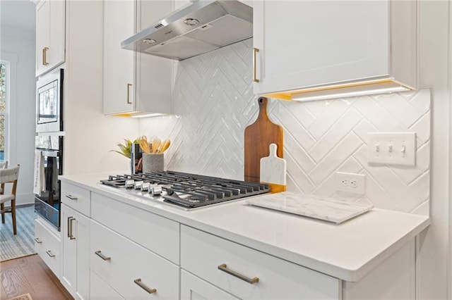 9110 Greenway Ct, Gainesville, GA 30506 - kitchen featuring under cabinet range hood, stainless steel appliances, white cabinetry, dark wood-style floors, and light countertops