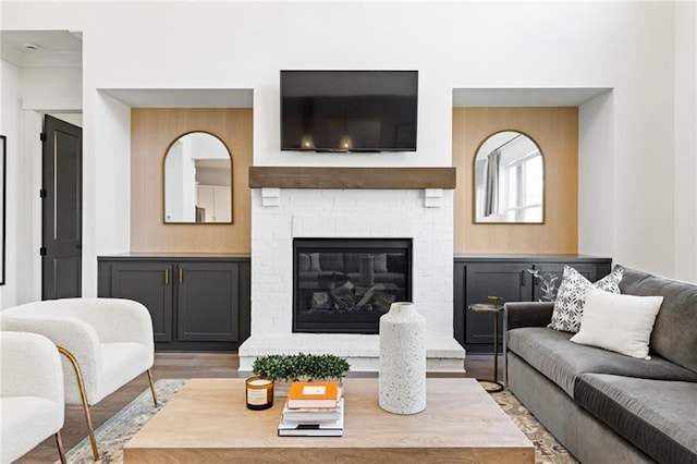 9110 Greenway Ct, Gainesville, GA 30506 - living room featuring light wood finished floors and a brick fireplace