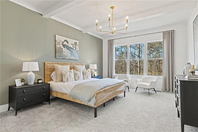 9110 Greenway Ct, Gainesville, GA 30506 - bedroom featuring light colored carpet, beamed ceiling, and a chandelier