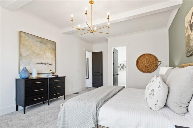 9110 Greenway Ct, Gainesville, GA 30506 - bedroom featuring a chandelier, light carpet, baseboards, and ornamental molding