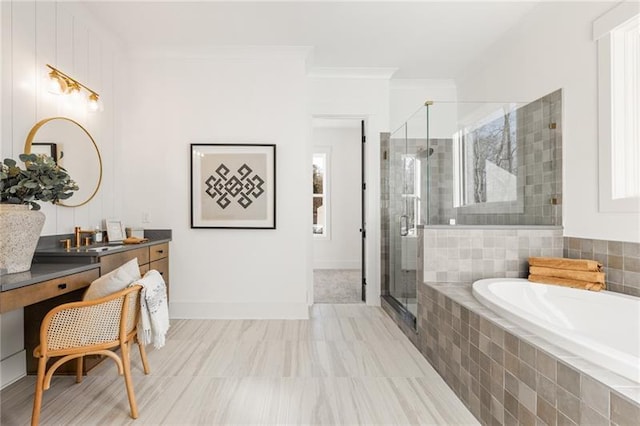 9110 Greenway Ct, Gainesville, GA 30506 - full bath featuring ornamental molding, a garden tub, a stall shower, vanity, and baseboards