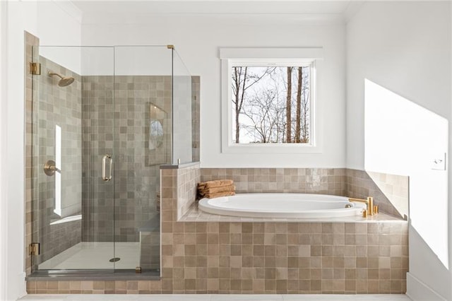 9110 Greenway Ct, Gainesville, GA 30506 - full bathroom with a bath, a shower stall, and ornamental molding