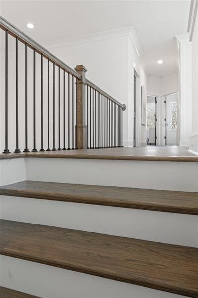 9110 Greenway Ct, Gainesville, GA 30506 - staircase featuring recessed lighting and ornamental molding