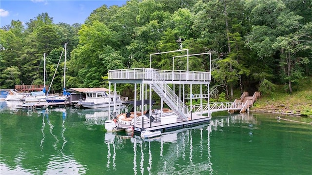 6178 Lake Lanier Height Rd, Buford, GA 30518 - dock area with a view of trees, a water view, and stairs
