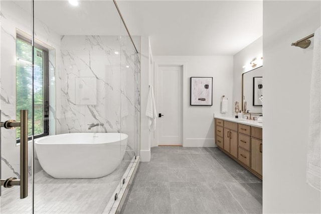 6178 Lake Lanier Height Rd, Buford, GA 30518 - full bathroom featuring vanity, a freestanding bath, and a marble finish shower