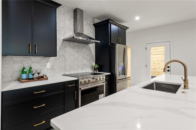 6178 Lake Lanier Height Rd, Buford, GA 30518 - kitchen featuring wall chimney range hood, stainless steel appliances, dark cabinets, decorative backsplash, and light stone counters