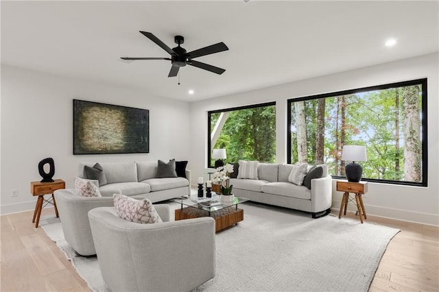 6178 Lake Lanier Height Rd, Buford, GA 30518 - living room with recessed lighting, light wood finished floors, and ceiling fan
