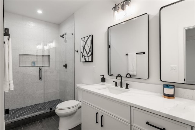 6178 Lake Lanier Height Rd, Buford, GA 30518 - full bathroom with vanity, a stall shower, tile patterned floors, and recessed lighting