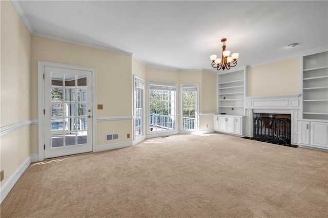 unfurnished living room featuring crown molding, a notable chandelier, carpet, and baseboards