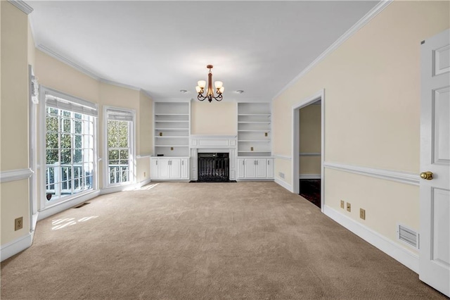 unfurnished living room with visible vents, carpet flooring, crown molding, and an inviting chandelier