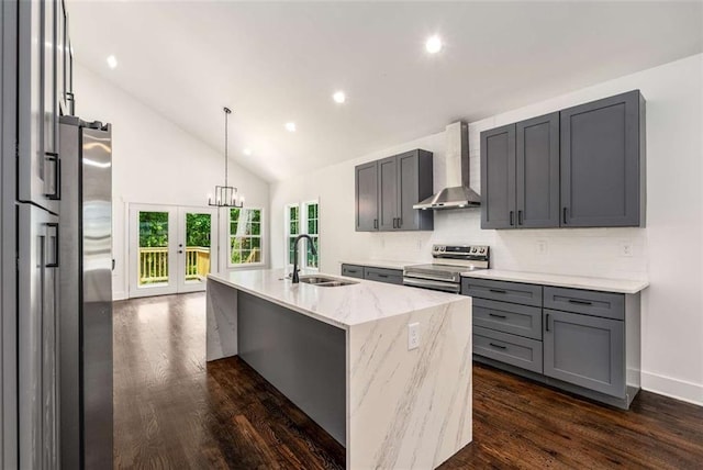 1317 Bernard St NW, Atlanta, GA 30314 - kitchen with wall chimney exhaust hood, a sink, stainless steel appliances, light stone countertops, and gray cabinets