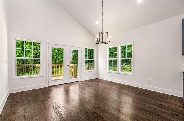 1317 Bernard St NW, Atlanta, GA 30314 - unfurnished dining area featuring high vaulted ceiling, a chandelier, baseboards, dark wood finished floors, and recessed lighting