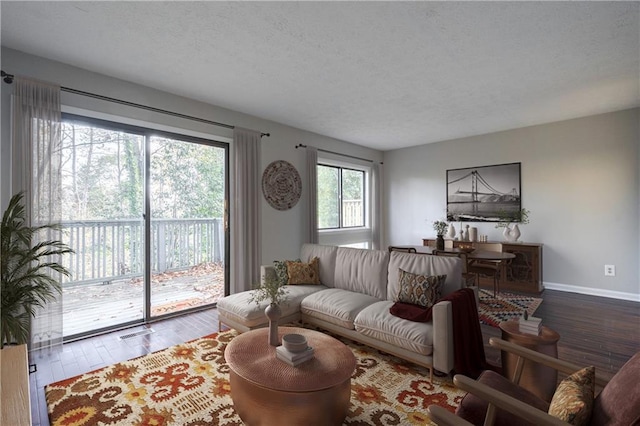 living room with a textured ceiling and hardwood / wood-style flooring