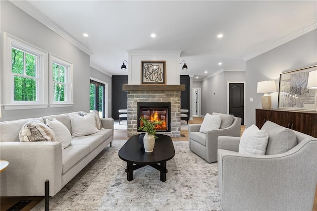 12995 Bucksport Dr, Roswell, GA 30075 - living area featuring recessed lighting, ornamental molding, and a stone fireplace