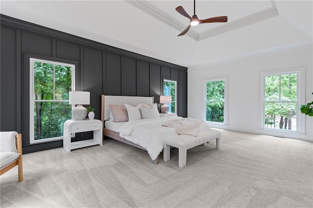 12995 Bucksport Dr, Roswell, GA 30075 - bedroom with light carpet, crown molding, a tray ceiling, and ceiling fan