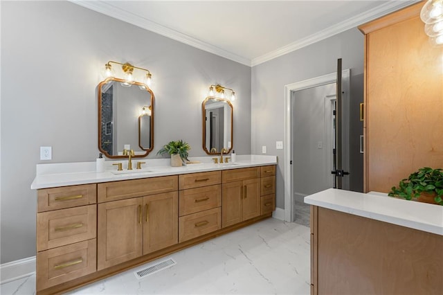 12995 Bucksport Dr, Roswell, GA 30075 - bathroom with marble look tiles, double vanity, ornamental molding, and baseboards
