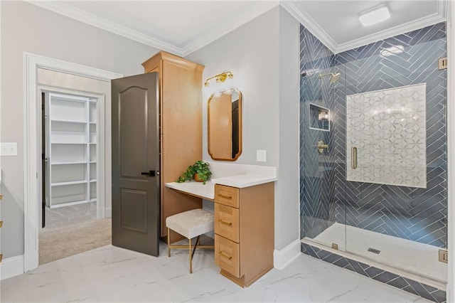12995 Bucksport Dr, Roswell, GA 30075 - bathroom featuring crown molding, marble finish flooring, a shower stall, baseboards, and vanity