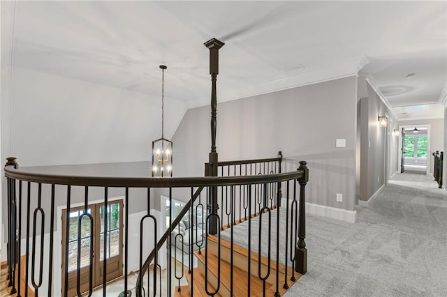 12995 Bucksport Dr, Roswell, GA 30075 - hallway featuring an upstairs landing, a chandelier, ornamental molding, baseboards, and carpet floors