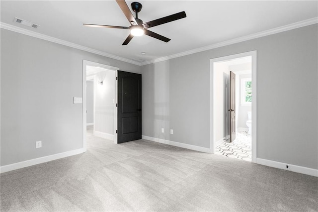 12995 Bucksport Dr, Roswell, GA 30075 - spare room featuring ornamental molding, ceiling fan, light carpet, and baseboards