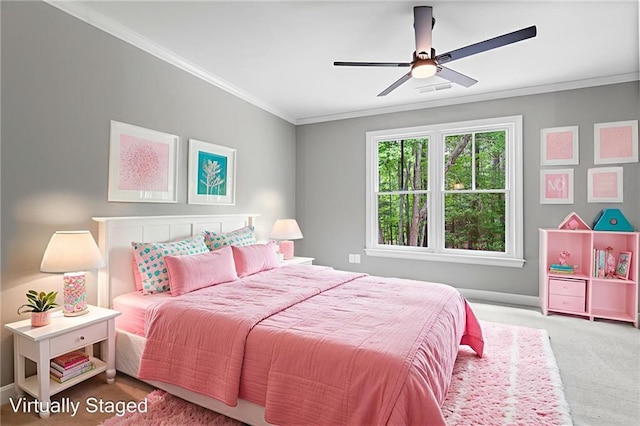 12995 Bucksport Dr, Roswell, GA 30075 - carpeted bedroom with crown molding and ceiling fan